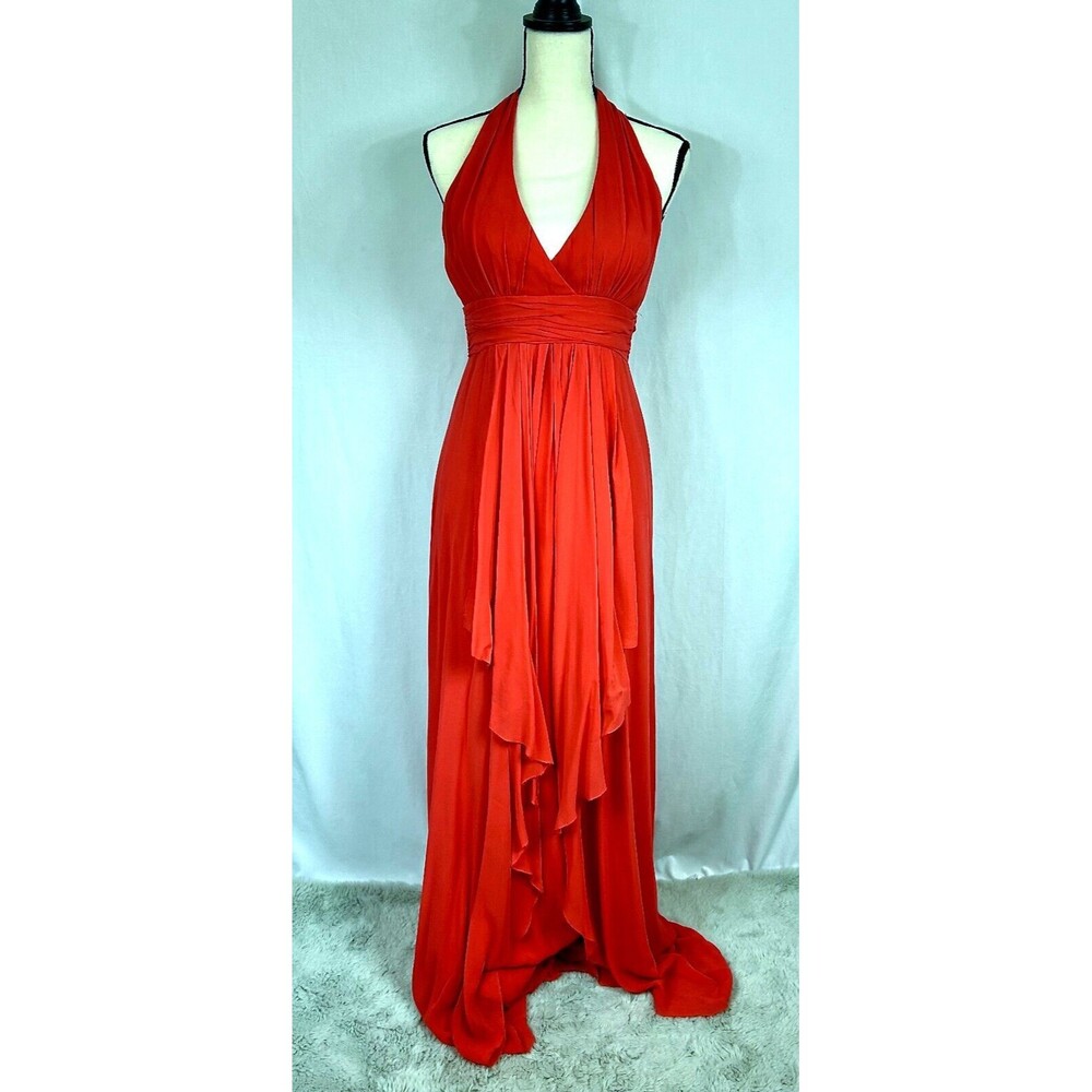 NICOLE MILLER Tangerine Halter Formal Silk Evening Gown Dress w/Train - Sz 2